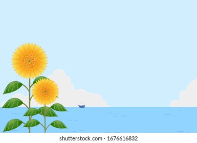 Background material: Summer sky, sunflower and sea