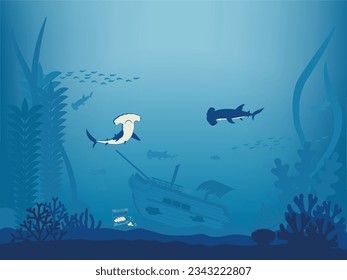 Background material of a sunken ship in the deep sea and a hammer shark.