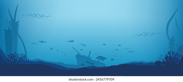 Background material of a sunken ship in the tropical sea and the shadow of a hammer shark. 　
Long horizontal design.