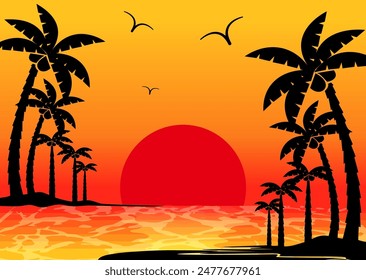 Background material of a sunset, seabirds and silhouettes of palm trees.
Landscape orientation.