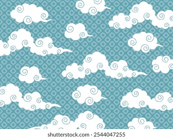 Background material with swirling clouds and Japanese pattern