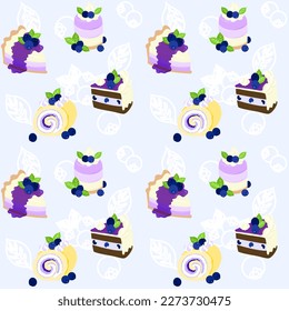 The background material with the theme of blueberry such as no-bake cheesecake and shortcake and roll cake