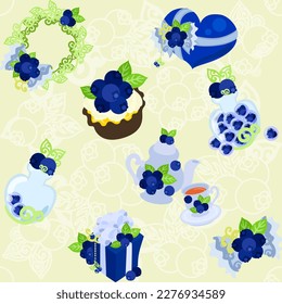 The background material with the theme of blueberry such as wreath and heart and tart and candy and teapot and gift and accessory