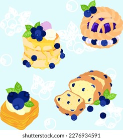 The background material with the theme of blueberry such as pancake and pie and danish and pound cake