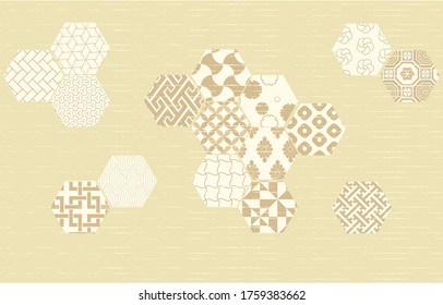Material de fondo: Ilustración vectorial de los patrones japoneses tradicionales dispuestos en octogono con un patrón de estilo japonés de colores claros 