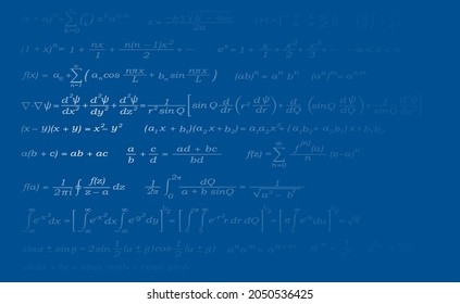 Background for a math presentation. Math equations. Vector illustration of mathematical equation formulas on a blue background with space for text.