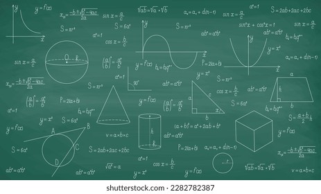 Background with mathematical formulas and graphs on the green chalkboard. Vector illustration