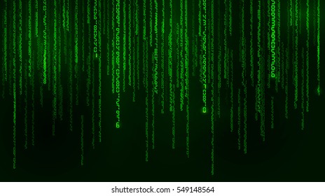 Background in a matrix style. Falling random numbers. Green is dominant color. Vector illustration