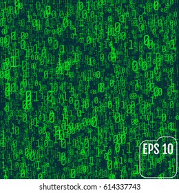 Background in a matrix style. Falling random numbers. Green is dominant color. Vector illustration