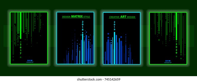 Background, matrix style. Tile cover A4. Annual report. 2017,2018,2019,2020. Set. Futuristic design, fashion covers. numbers, banners, posters, flyers. Polos, green, blue, color.Vector illustration
