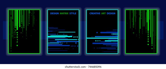 Background in matrix style.A realistic report. 2017,2018,2019,2020. Set. Futuristic fashion design covers. numbers. banners, posters, flyers.Polos, green, blue, dominant color. Vector illustration
