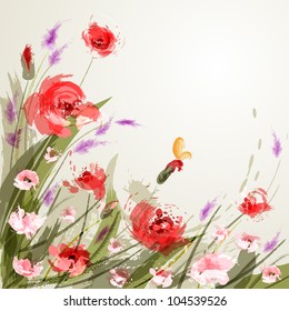 Background with meadow flowers. Poppy