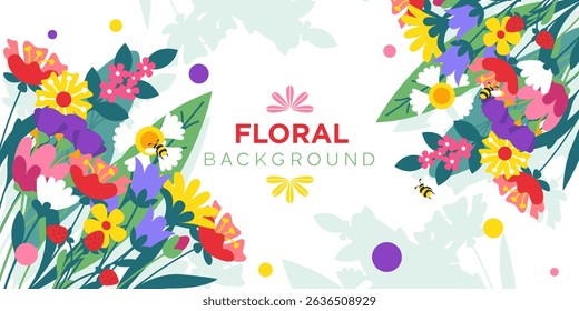 Background with meadow and garden blooming flowers in vector, flat style.