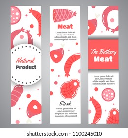 Background with meat products. Flat meat farm elements. Butcher promo banners, cards, brochure, sale, promotion. Vector