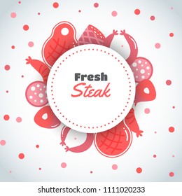 Background with meat products. Flat meat farm elements. Butcher promo banners, cards, brochure, sale, promotion. Vector