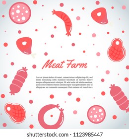 Background with meat products. Flat meat farm elements. Butcher promo banners, cards, brochure, sale, promotion. Vector