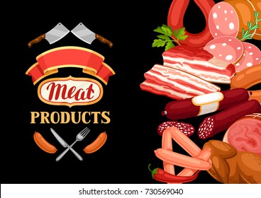 Background with meat products. Illustration of sausages, bacon and ham.