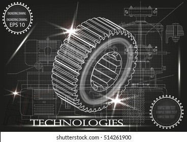 Background of mechanical engineering drawings, industry, education, gear, 3d science -vector illustration