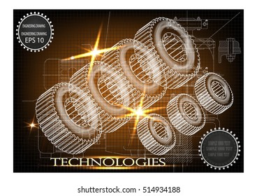 Background of mechanical engineering drawings, industry, education, gear, 3d science -vector illustration