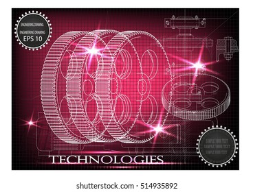 Background of mechanical engineering drawings, industry, education, gear, 3d science -vector illustration