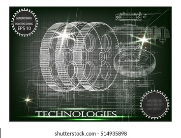Background of mechanical engineering drawings, industry, education, gear, 3d science -vector illustration