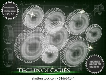 Background of mechanical engineering drawings, industry, education, gear, 3d science -stock illustration