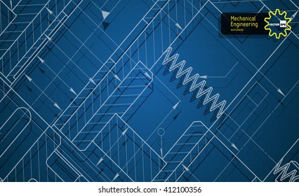 Background of mechanical engineering drawings on blue cell. Vector illustration