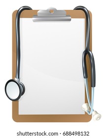 Background medical frame illustration of a clipboard with a doctors stethoscope