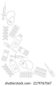 Background with medical and healthcare items. Equipment for pharmacies and hospitals.