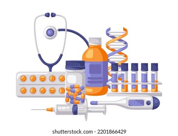 Background with medical and healthcare items. Equipment for pharmacies and hospitals.