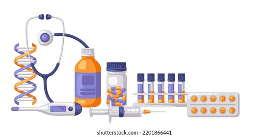 Background with medical and healthcare items. Equipment for pharmacies and hospitals.