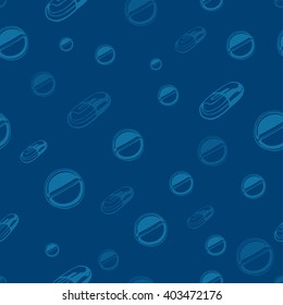 Background medical theme with painted objects in the style of the line sketch, doodle/Medical seamless pattern with hand drawn tablets and capsules in shades of dark blue color