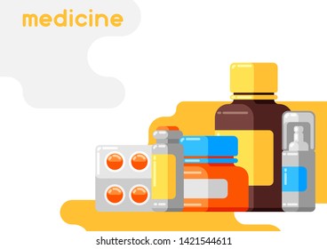 Background with medicine bottles and pills. Medical illustration in flat style.