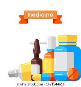 Background with medicine bottles and pills. Medical illustration in flat style.