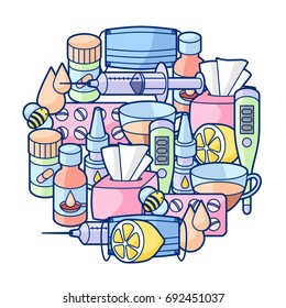 Background with medicines and medical objects. Treatment of cold and flu.