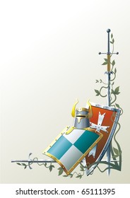 Background with medieval cold steel and plants