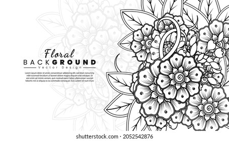 Background with mehndi flowers. Black lines on white background. Banner or card template