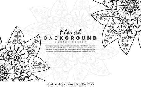Background with mehndi flowers. Black lines on white background. Banner or card template