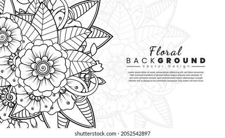 Background with mehndi flowers. Black lines on white background. Banner or card template