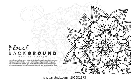 Background with mehndi flowers. Black lines on white background. Banner or card template