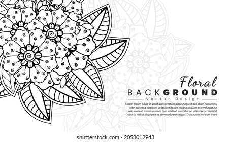 Background with mehndi flowers. Black lines on white background. Banner or card template