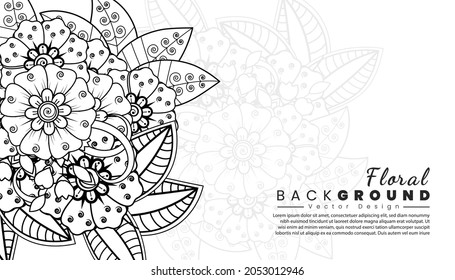 Background with mehndi flowers. Black lines on white background. Banner or card template