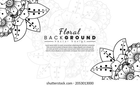 Background with mehndi flowers. Black lines on white background. Banner or card template