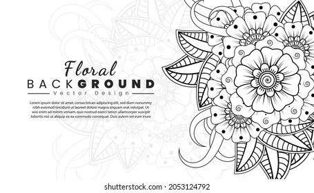 Antecedentes con flores mehndi. Líneas negras sobre fondo blanco. Plantilla de Banner o tarjeta