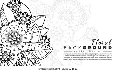 Background with mehndi flowers. Black lines on white background. Banner or card template