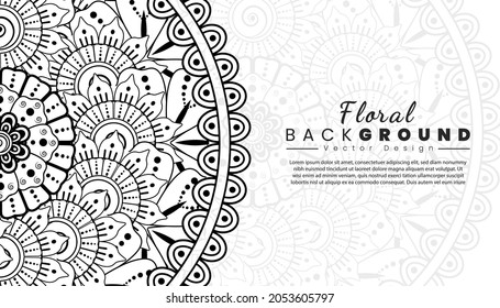 Background with mehndi flowers. Black lines on white background. Banner or card template