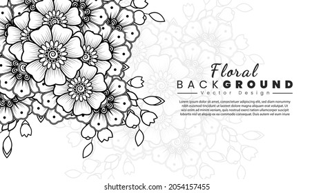 Background with mehndi flowers. Black lines on white background. Banner or card template