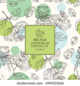Background with melissa: plant, leaves of melissa and bottle of melissa essential oil. Acacia dealbata. Cosmetic, perfumery and medical plant. Vector hand drawn illustration.
