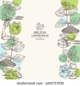 Background with melissa: plant and leaves of melissa, soap and bath salt. Lemon balm. Cosmetic and medical plant. Vector hand drawn illustration