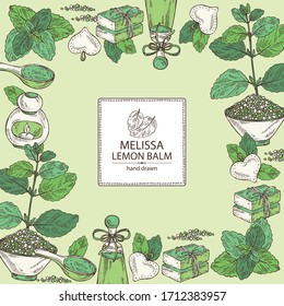 Background with melissa: plant and leaves of melissa, soap and bath salt. Lemon balm. Cosmetic and medical plant. Vector hand drawn illustration
